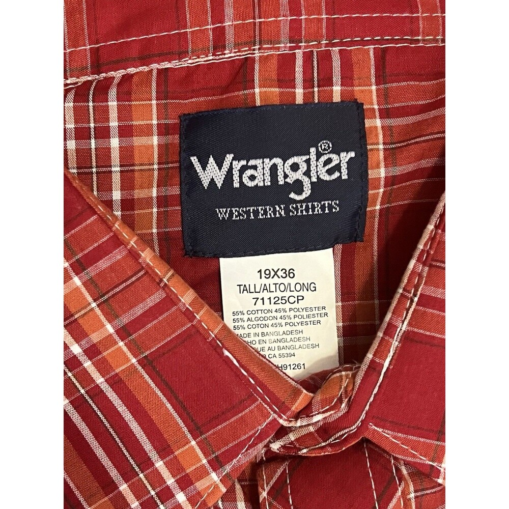 WRANGLER Western Red Plaid Pearl Snap Button Long Sleeve Shirt 19x36 Tall NWT - Picture 5 of 6